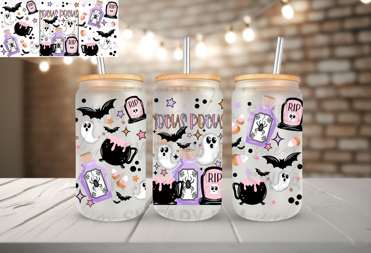 Hocus Pocus Cauldrons & Ghosts UV Dtf 16oz glass can wrap