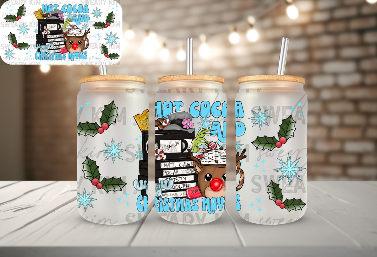 Hot Cocoa & Christmas Movies UV Dtf 16oz glass can wrap