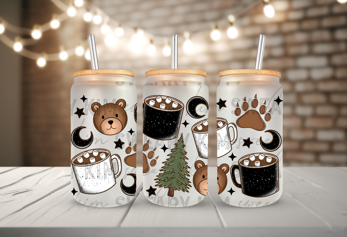 Hot Cocoa & Bears UV Dtf 16oz glass can wrap