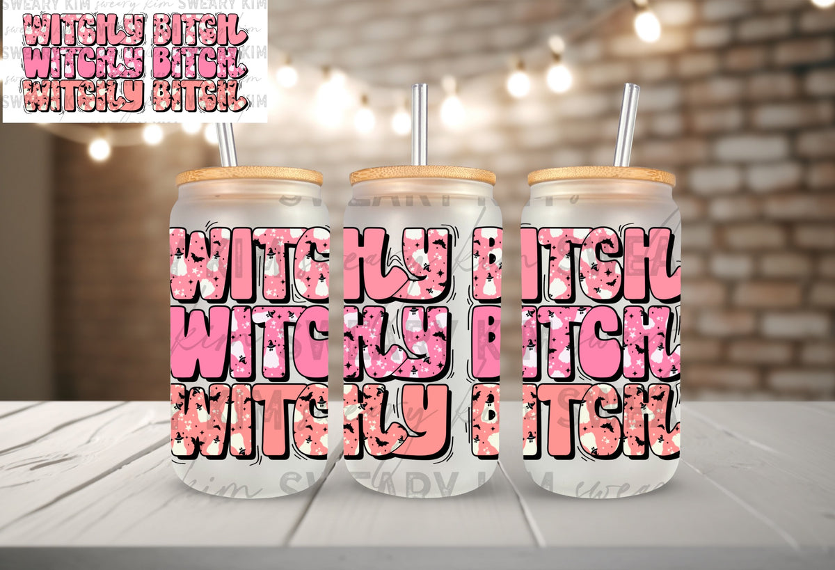 Exclusive Witchy Bitch Bubble Words UV Dtf 16oz glass can wrap