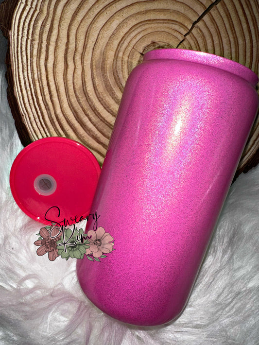 Hot Pink Shimmer 16 oz Sublimation Glass Can Tumbler w/ PP Acrylic Lid RTS