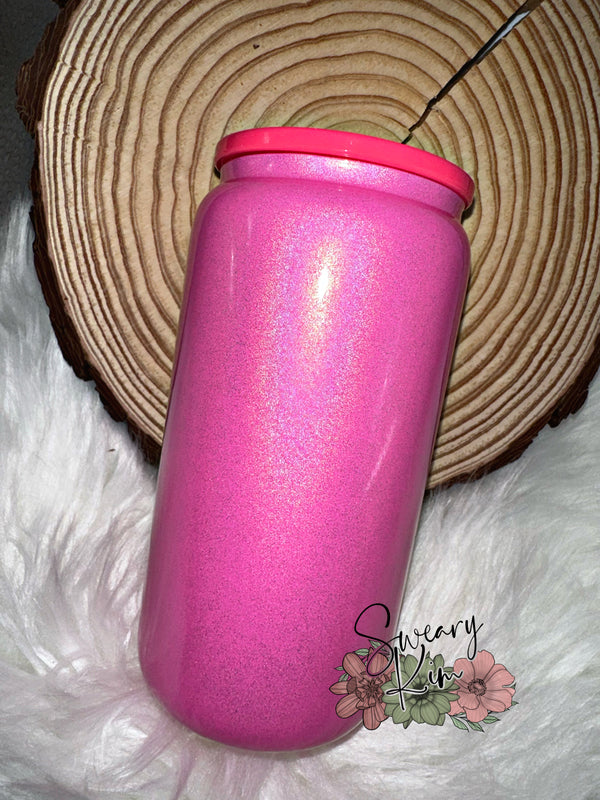 Hot Pink Shimmer 16 oz Sublimation Glass Can Tumbler w/ PP Acrylic Lid
