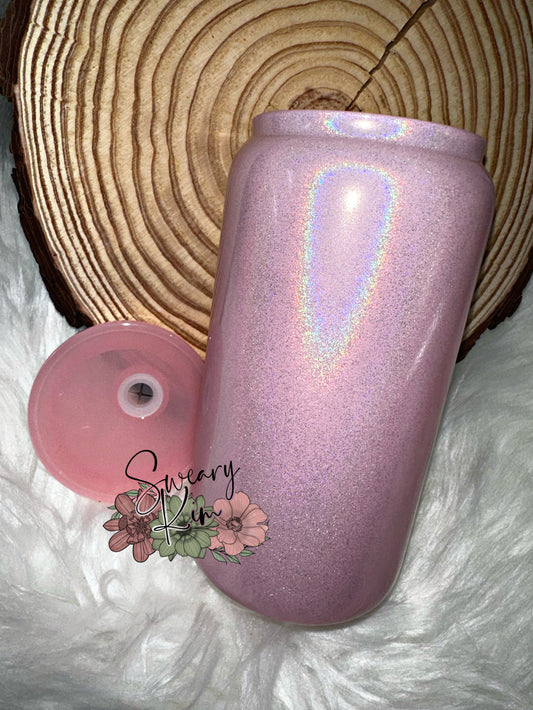 Baby Pink Shimmer 16 oz Sublimation Glass Can Tumbler w/ PP Acrylic Lid RTS