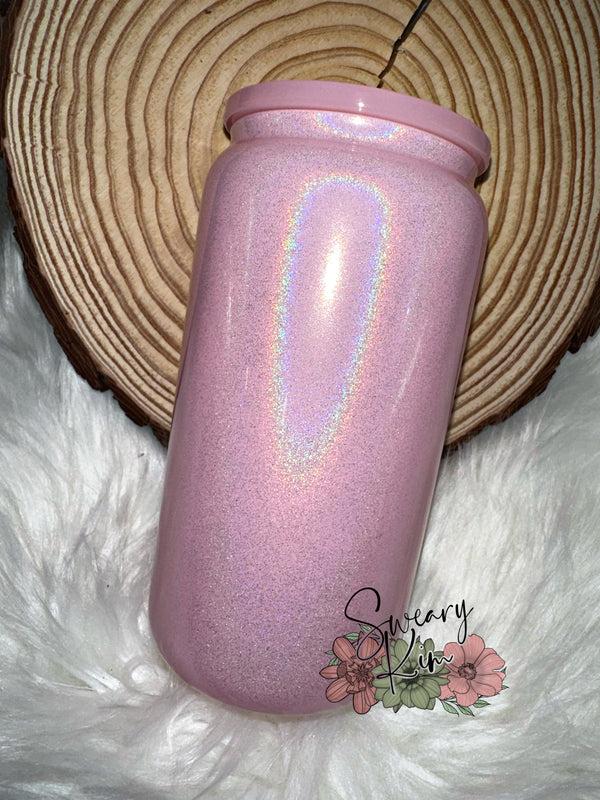 Baby Pink Shimmer 16 oz Sublimation Glass Can Tumbler w/ PP Acrylic Lid RTS is