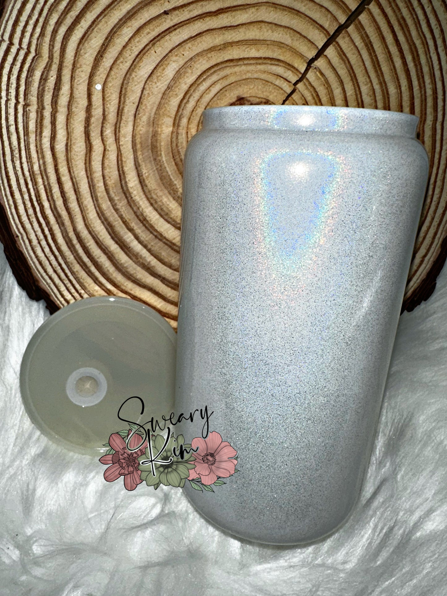 Pearl White Shimmer 16 oz Sublimation Glass Can Tumbler w/ PP Acrylic Lid RTS