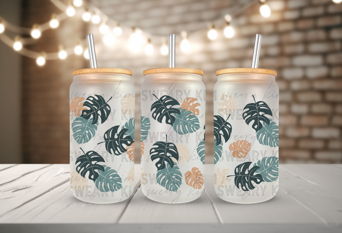 Boho Monstera Leaves UV Dtf 16oz glass can wrap