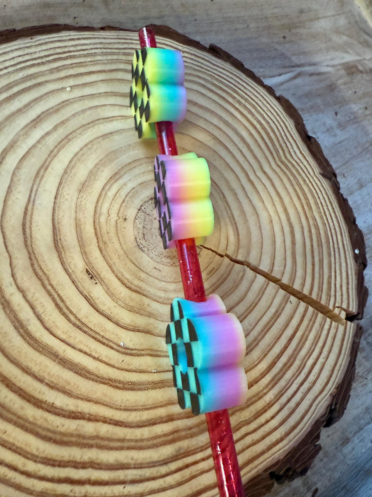 Rainbow Checkered Flower Straw Topper