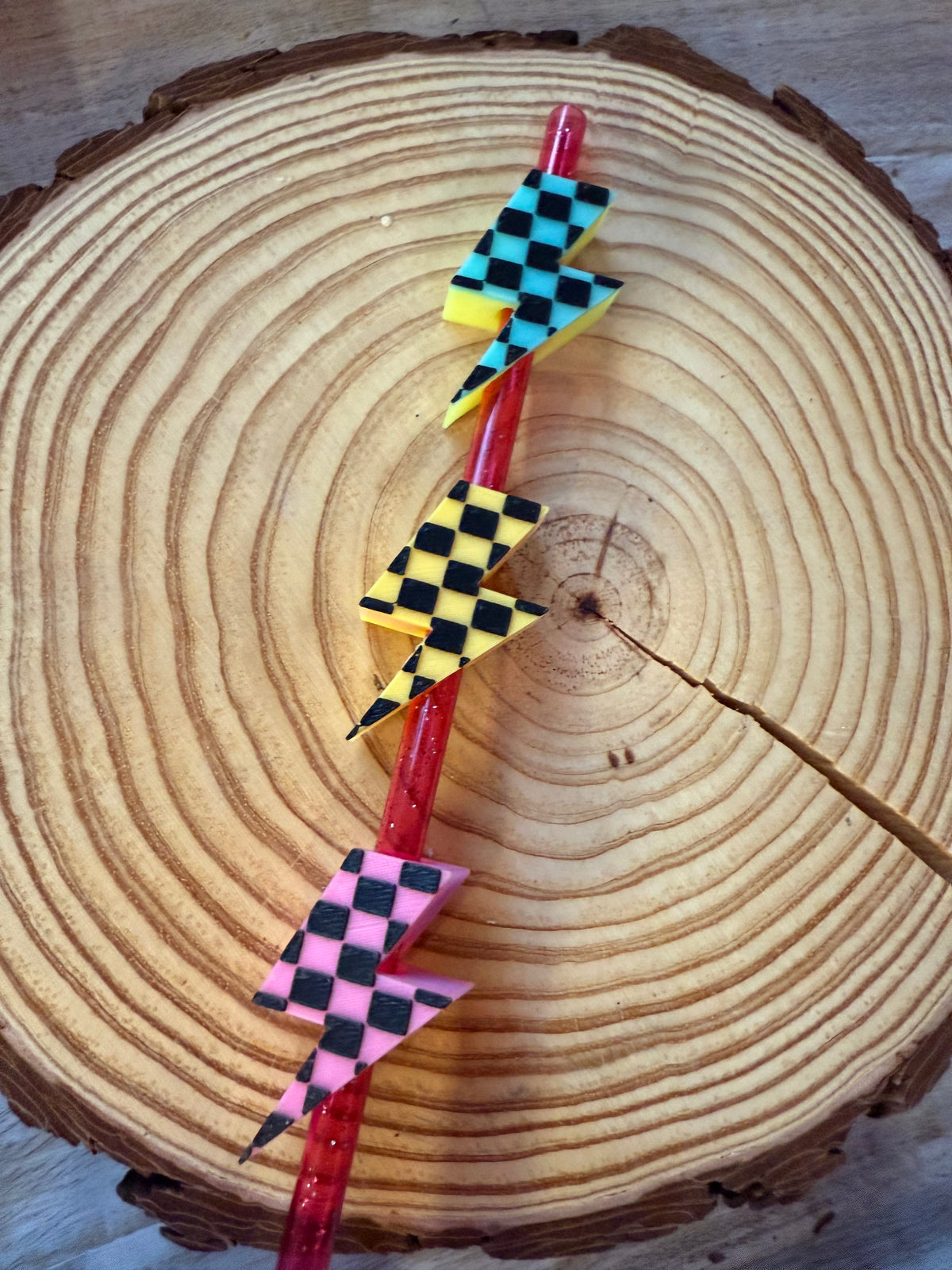 Rainbow Checkered Lightening Bolt Straw Topper