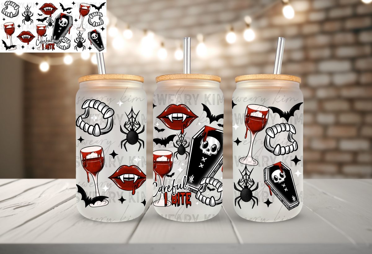 Careful, I Bite UV Dtf 16oz glass can wrap