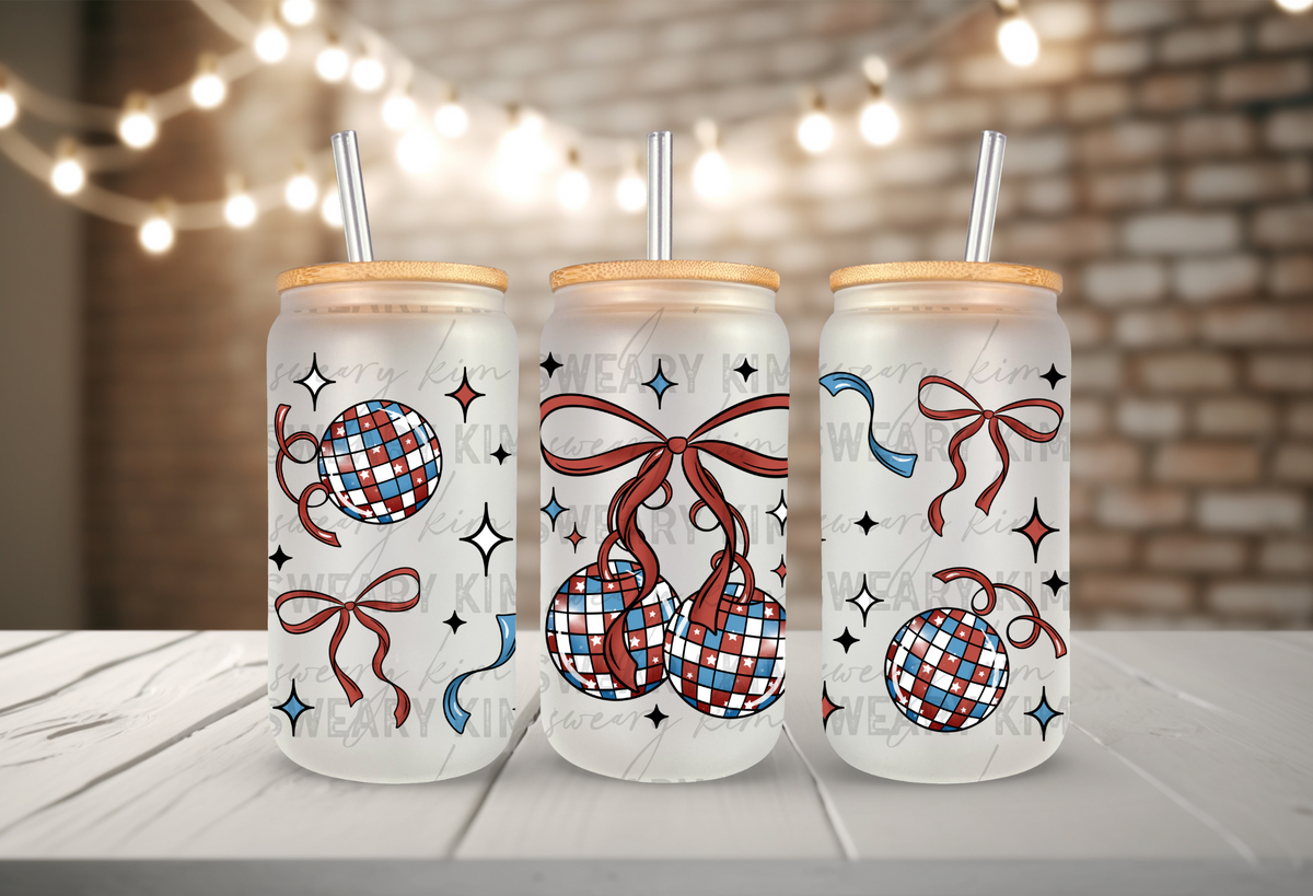 Red, White, & Blue Disco Ball Cherry & Bows UV Dtf 16oz glass can wrap