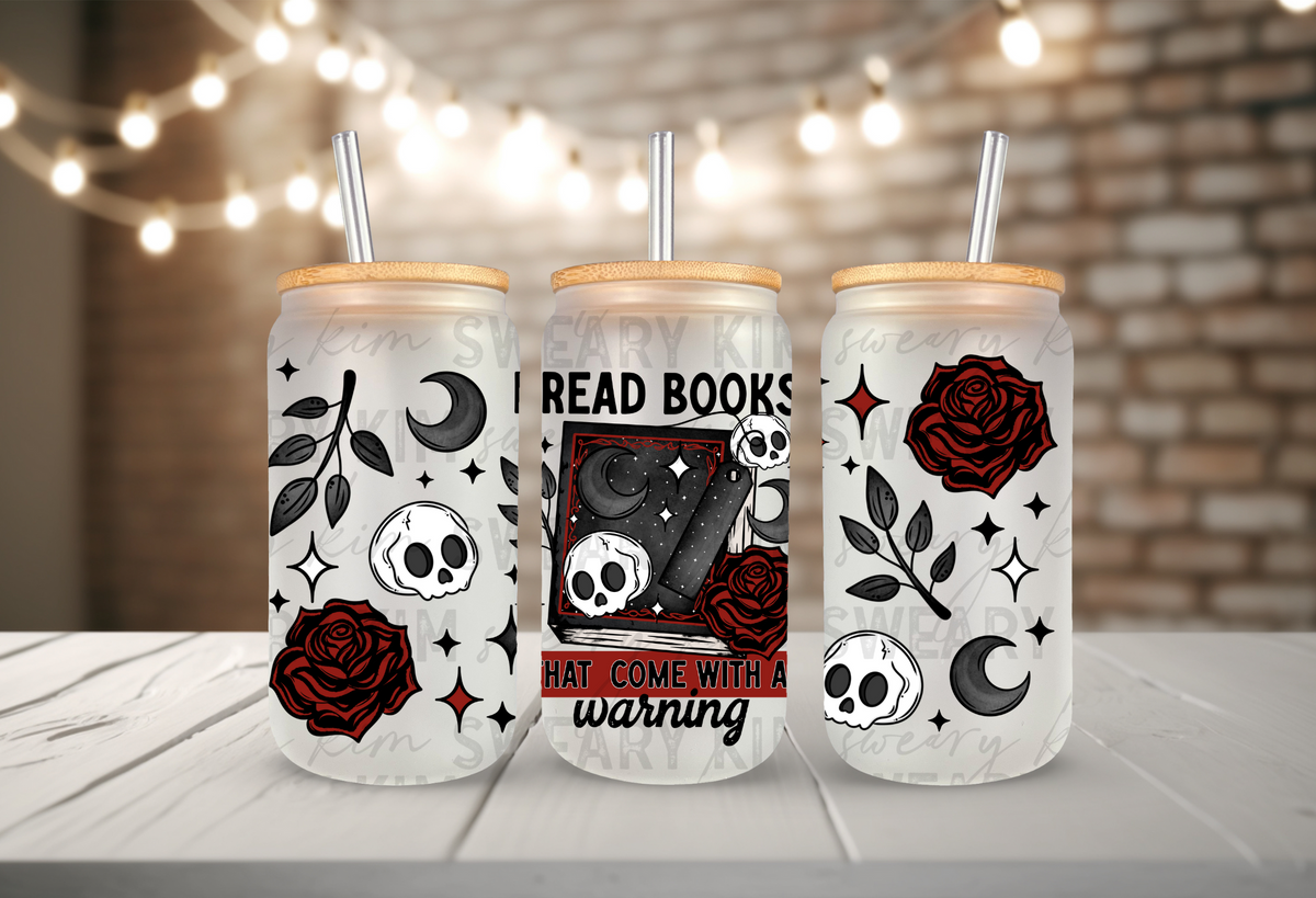 Read Books That Come With A Warning UV Dtf 16oz glass can wrap