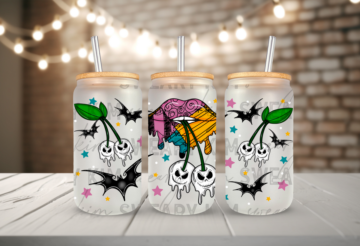 Nightmare Lips & Cherries UV Dtf 16oz glass can wrap