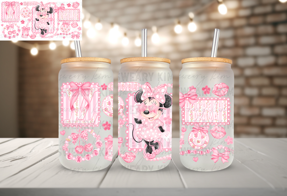 Glamorous Girly Mouse UV Dtf 16oz glass can wrap