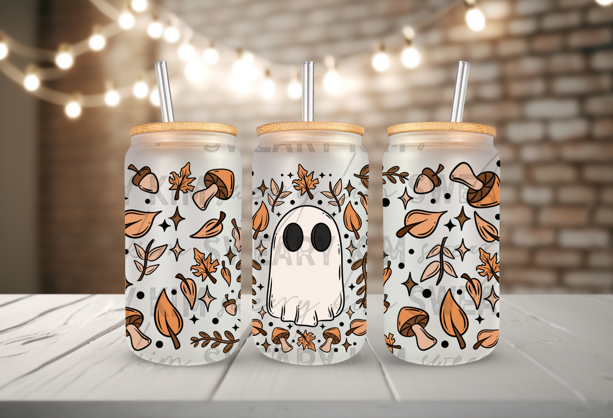 Fall Foliage Ghost UV Dtf 16oz glass can wrap