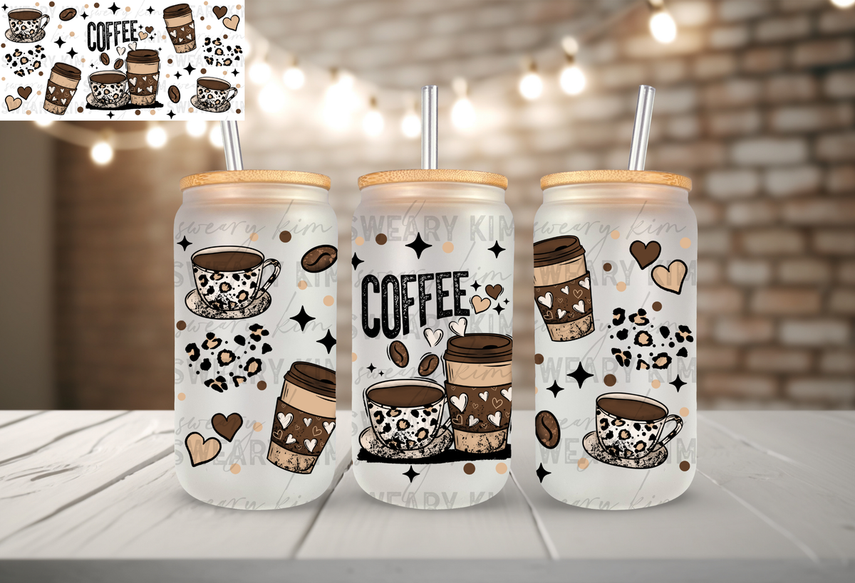 Leopard Coffee Cups UV Dtf 16oz glass can wrap