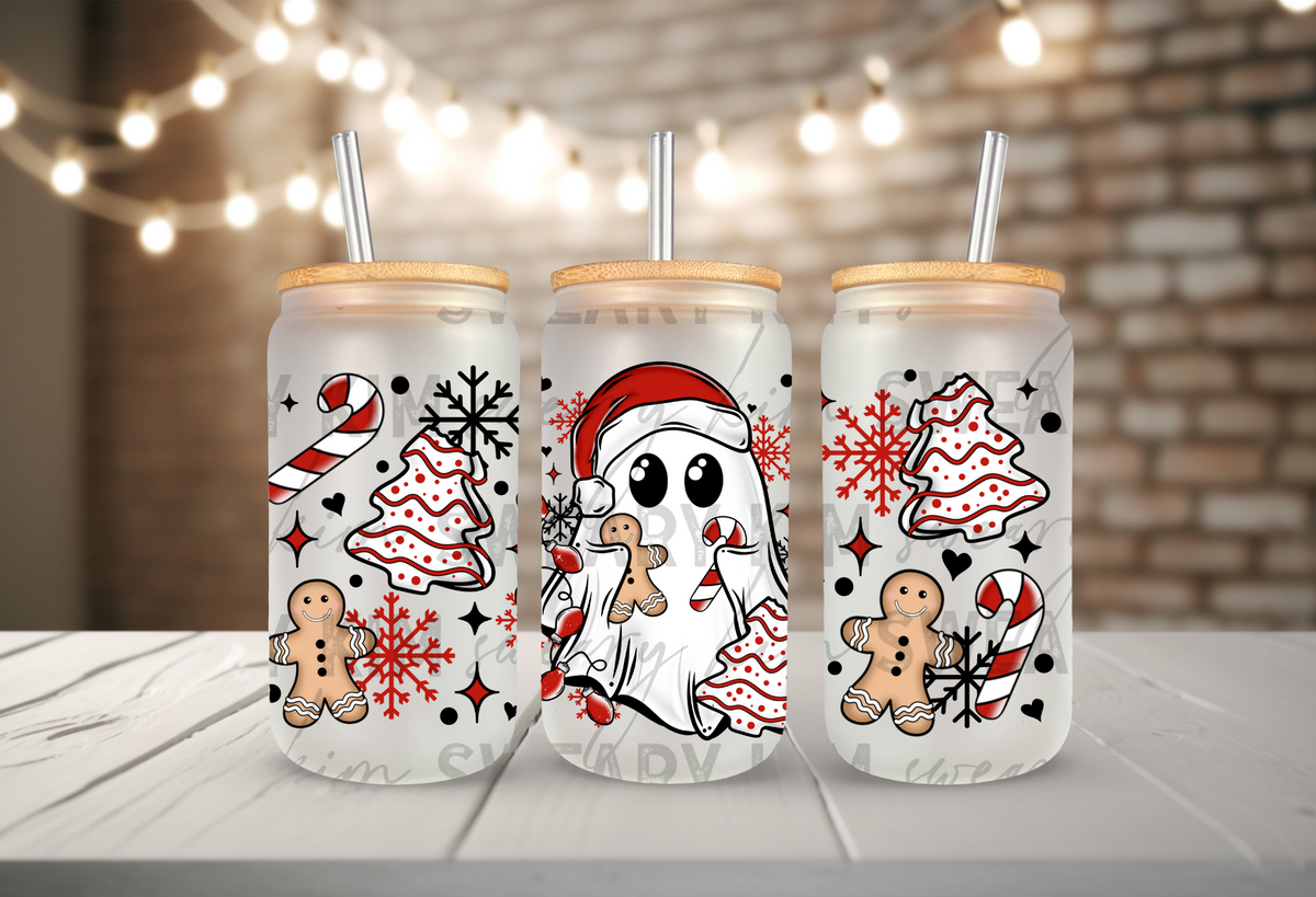 Santa Ghostie & Cakes UV Dtf 16oz glass can wrap