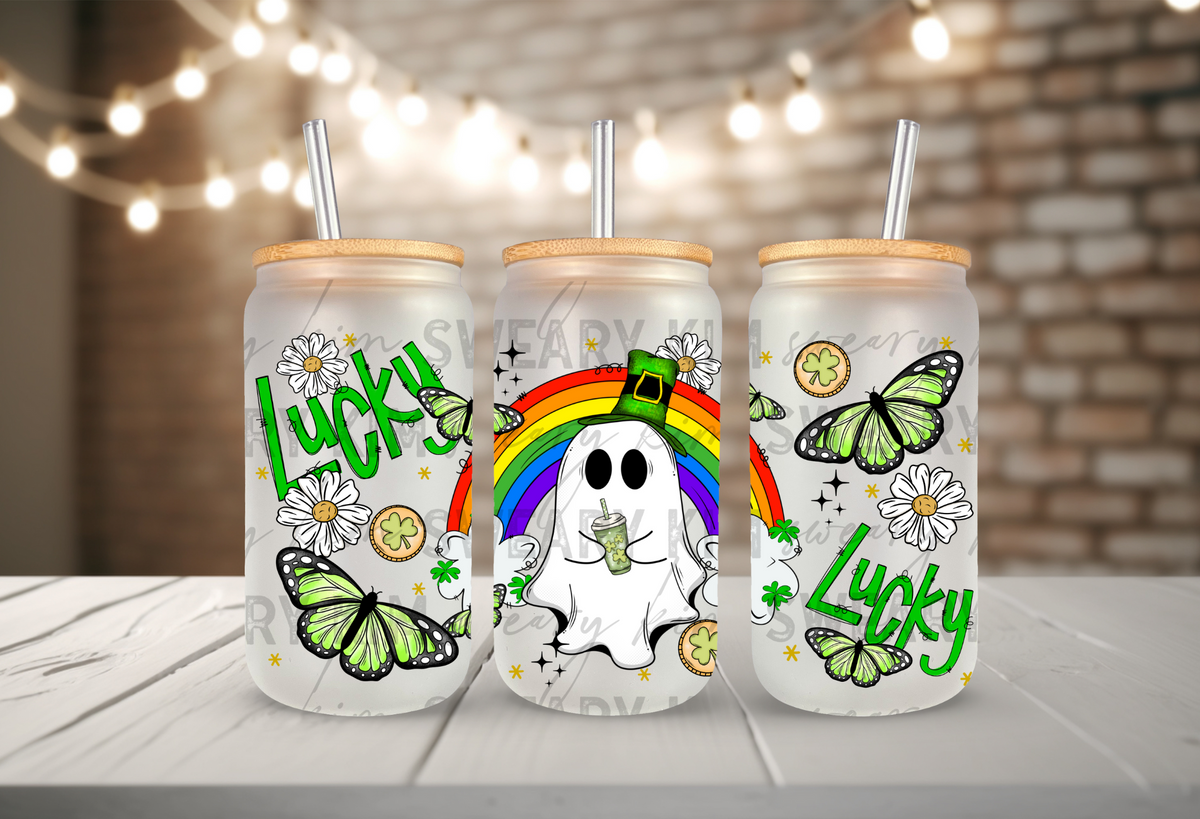 Lucky Ghost UV Dtf 16oz glass can wrap