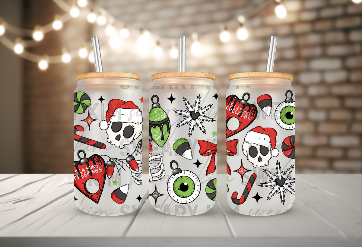 Creepmas Red & Green UV Dtf 16oz glass can wrap