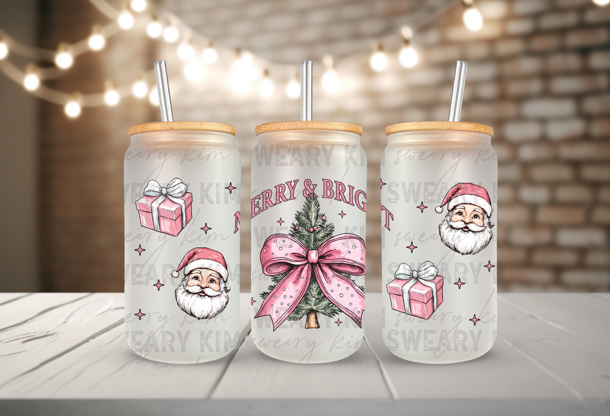 Pink Merry & Bright Tree UV Dtf 16oz glass can wrap