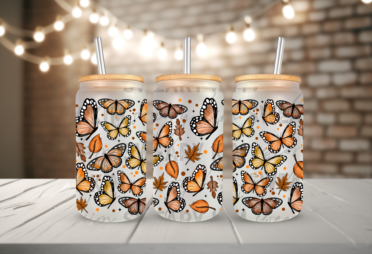 Fall Butterfly Foliage UV Dtf 16oz glass can wrap