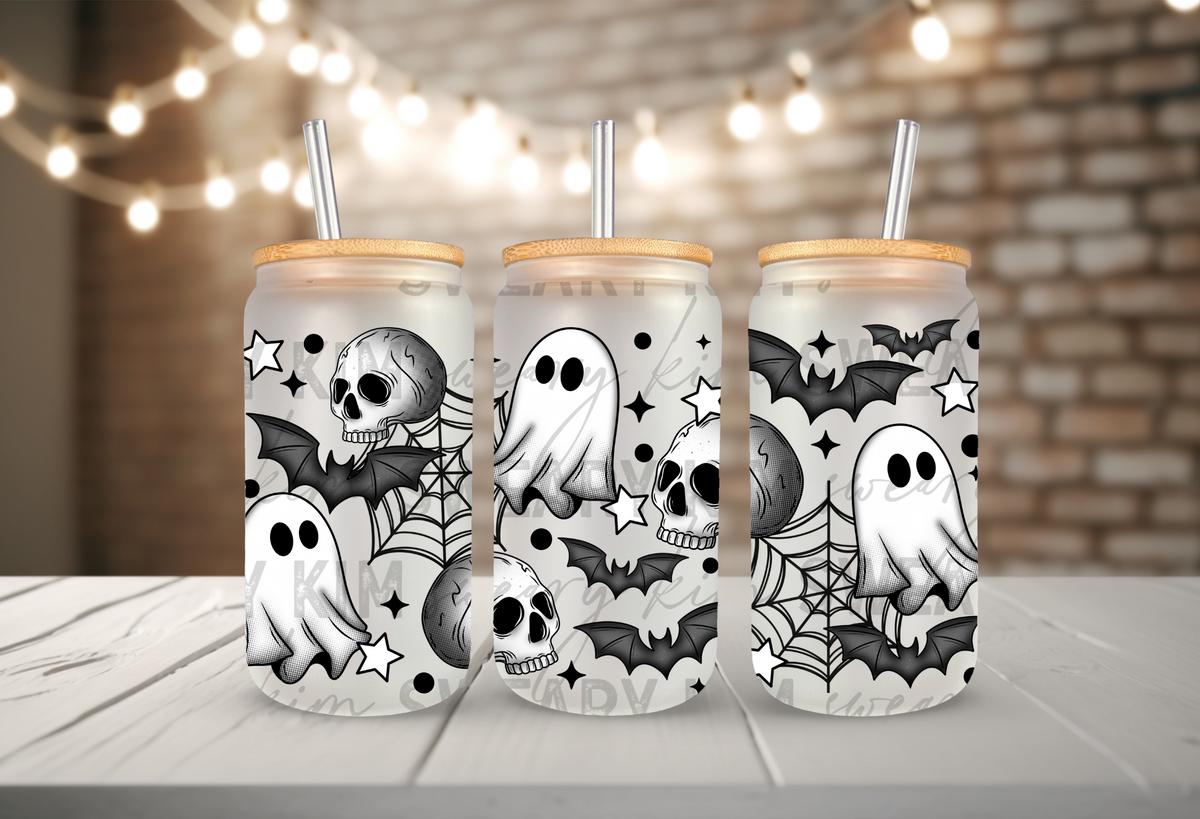 Black Outlined Spooky Stuff UV Dtf 16oz glass can wrap