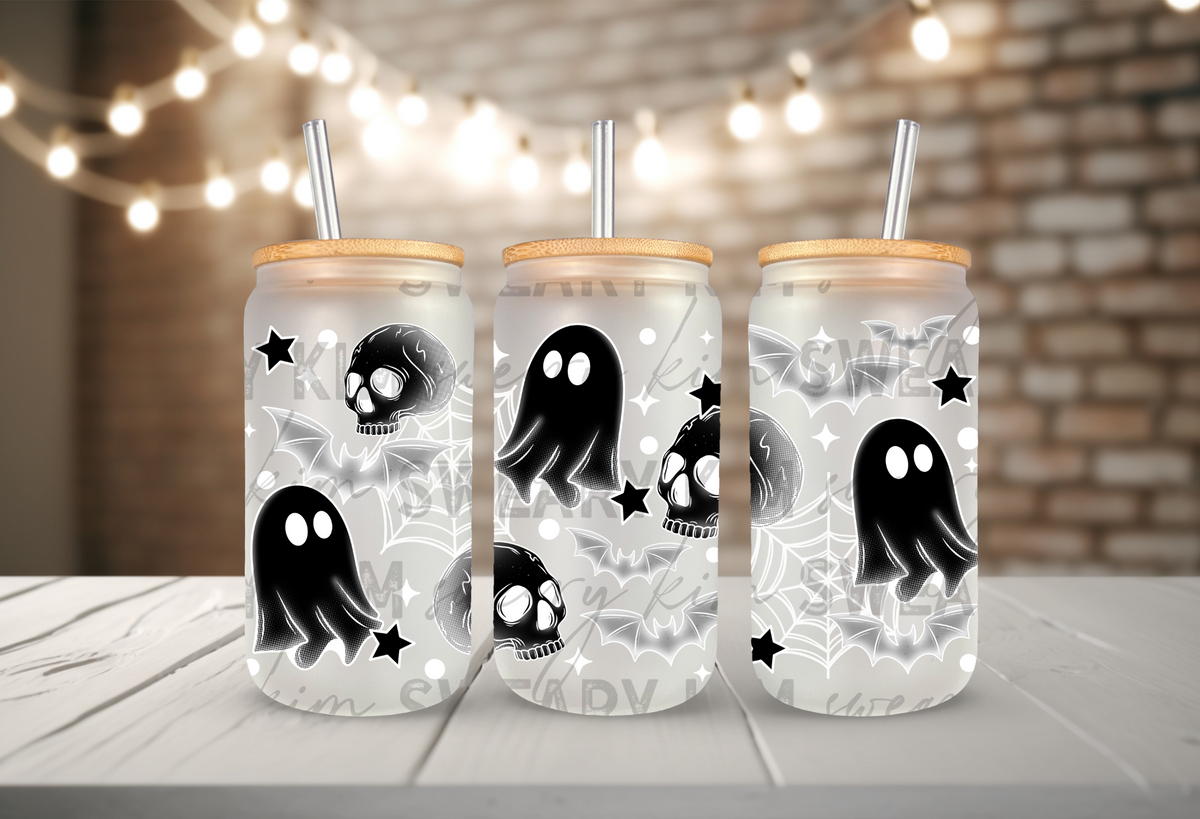 White Outlined Spooky Stuff UV Dtf 16oz glass can wrap