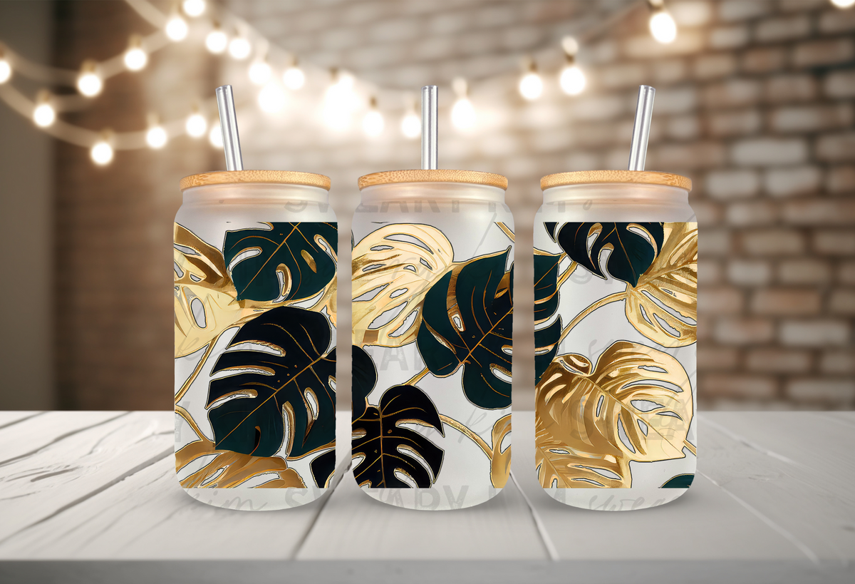 Golden Monstera's UV Dtf 16oz glass can wrap