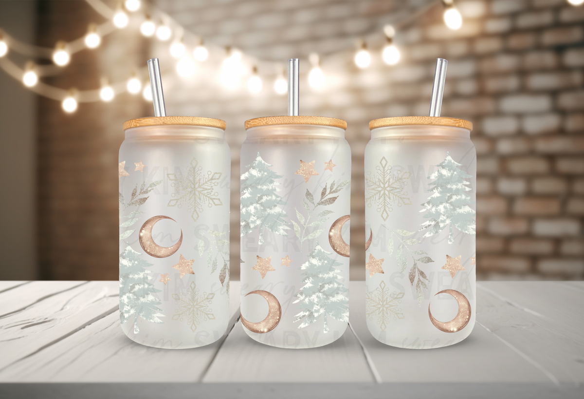 Exclusive Watercolor Snowy Trees & Snowflakes UV Dtf 16oz glass can wrap