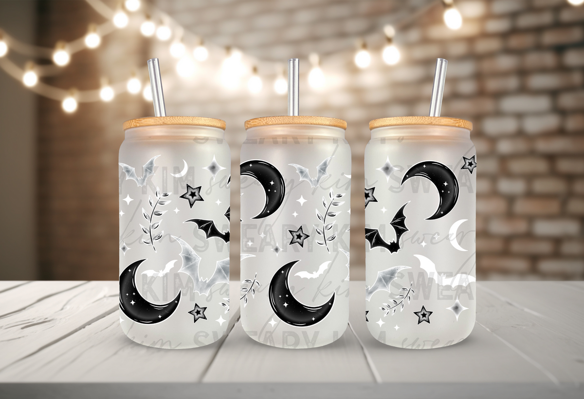 Black & White Bats & Moons UV Dtf 16oz glass can wrap