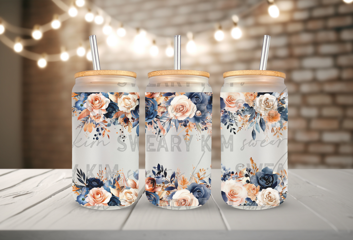 Blush & Navy Floral Borders UV Dtf 16oz glass can wrap