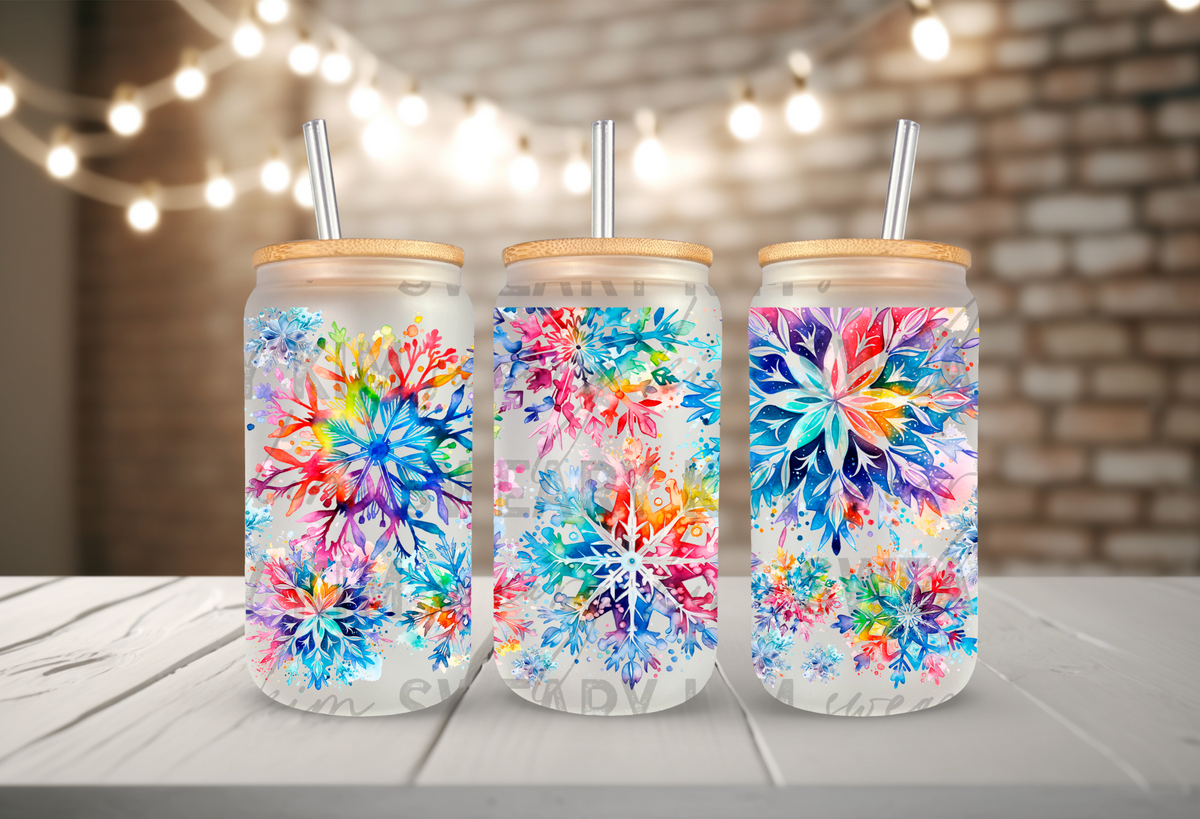 Colorful Watercolor Snowflakes UV Dtf 16oz glass can wrap