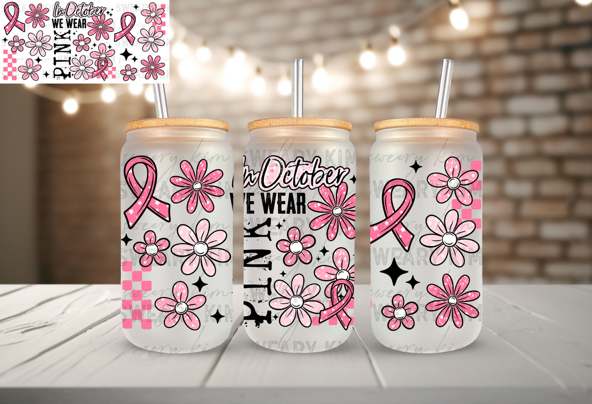 Retro October Wear Pink UV Dtf 16oz glass can wrap
