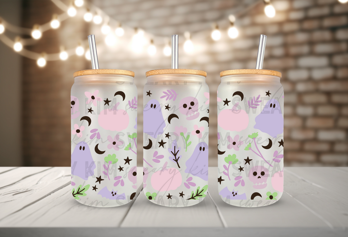 Pastel Ghosts & Pumpkins UV Dtf 16oz glass can wrap