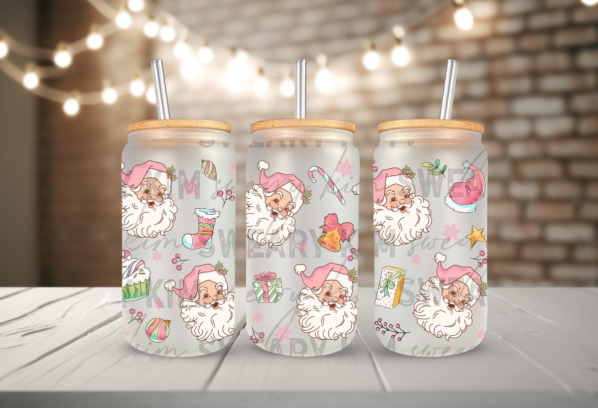 Pink Santa's & Snowflakes UV Dtf 16oz glass can wrap