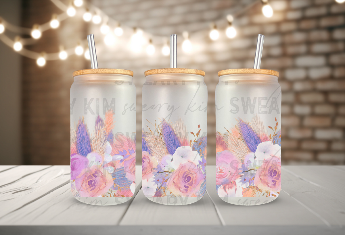 Boho Pastel Floral Border UV Dtf 16oz glass can wrap