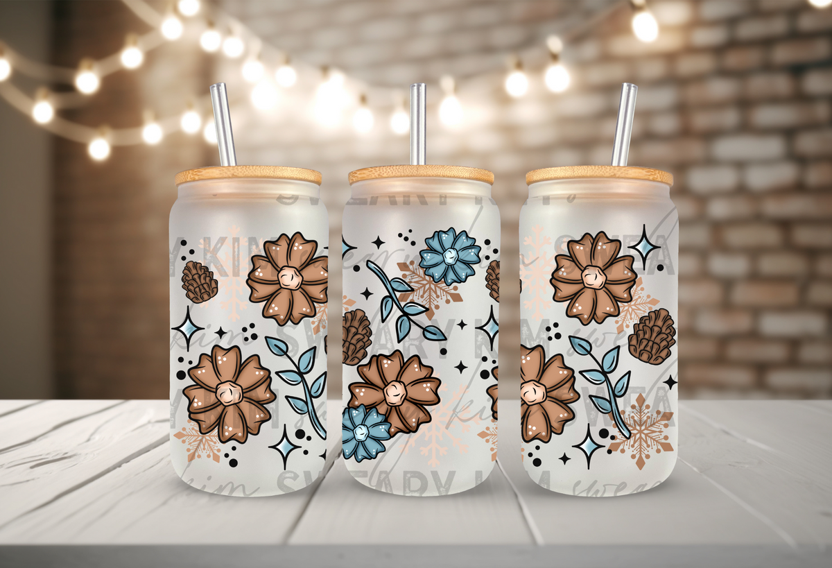 Exclusive Snowflakes & Flowers UV Dtf 16oz glass can wrap