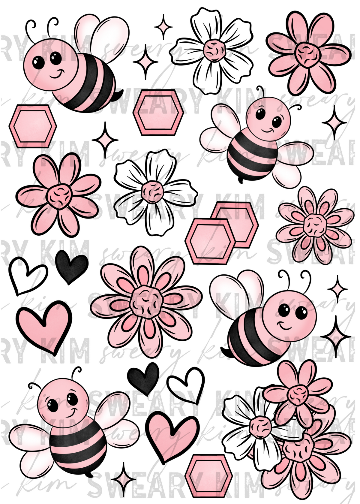 Exclusive Pink Bee's & Flowers UV Dtf Element Sheet