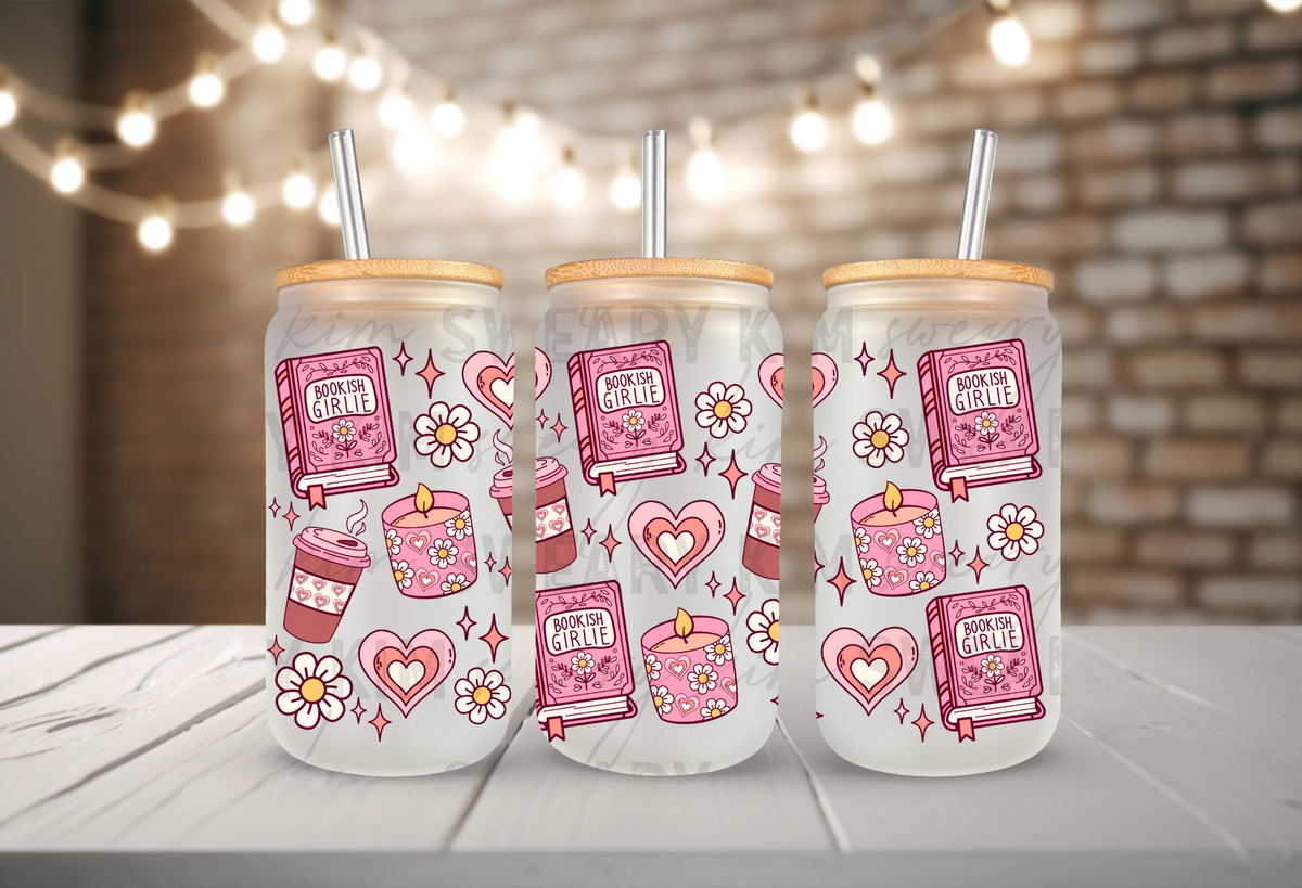 Pink Bookish Girlie Things UV Dtf 16oz glass can wrap