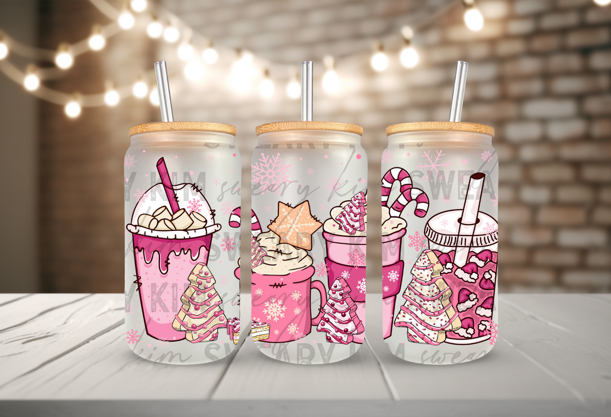 Pink Christmas Coffee's UV Dtf 16oz glass can wrap