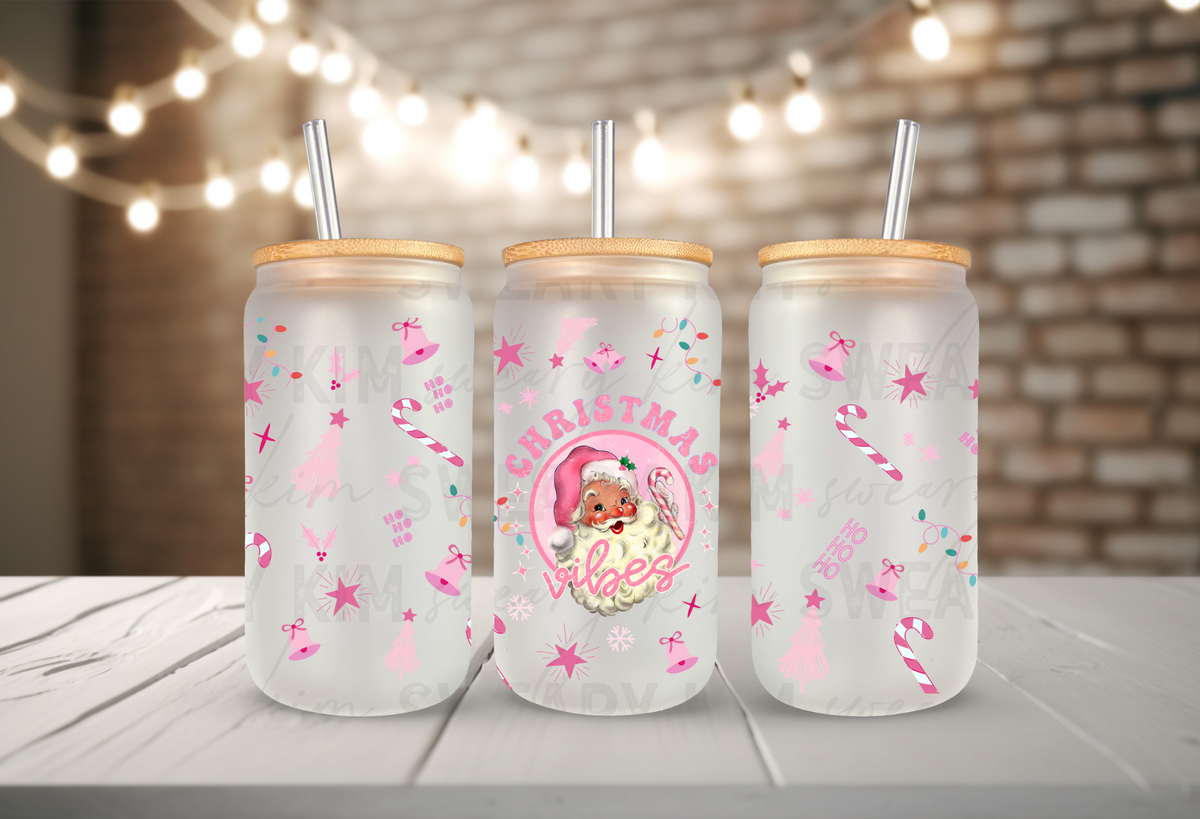 Pink Christmas Vibes Santa UV Dtf 16oz glass can wrap