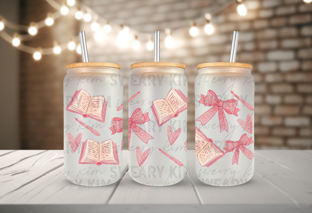 Pink Books & Quill Pen UV Dtf 16oz glass can wrap