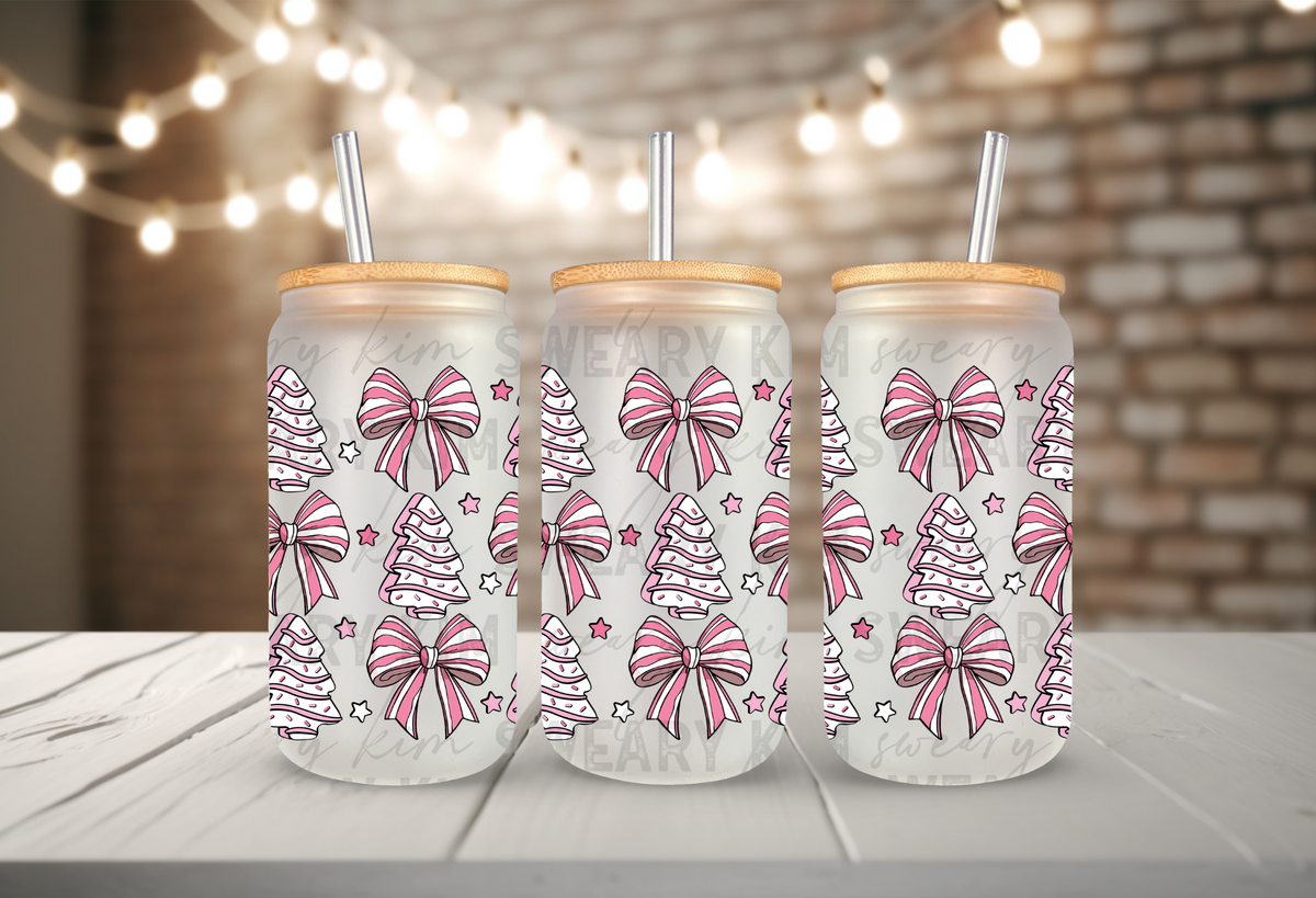 Pink Tree Cakes & Bows UV Dtf 16oz glass can wrap