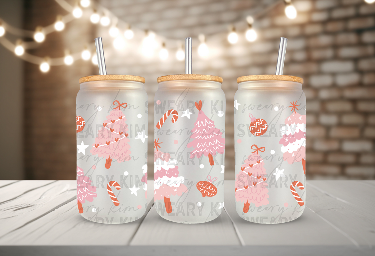 Pastel Pink Trees & Stars UV Dtf 16oz glass can wrap