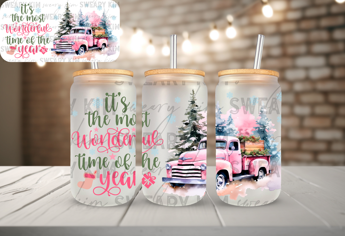 Most Wonderful Time Of The Year Pink Truck UV Dtf 16oz glass can wrap