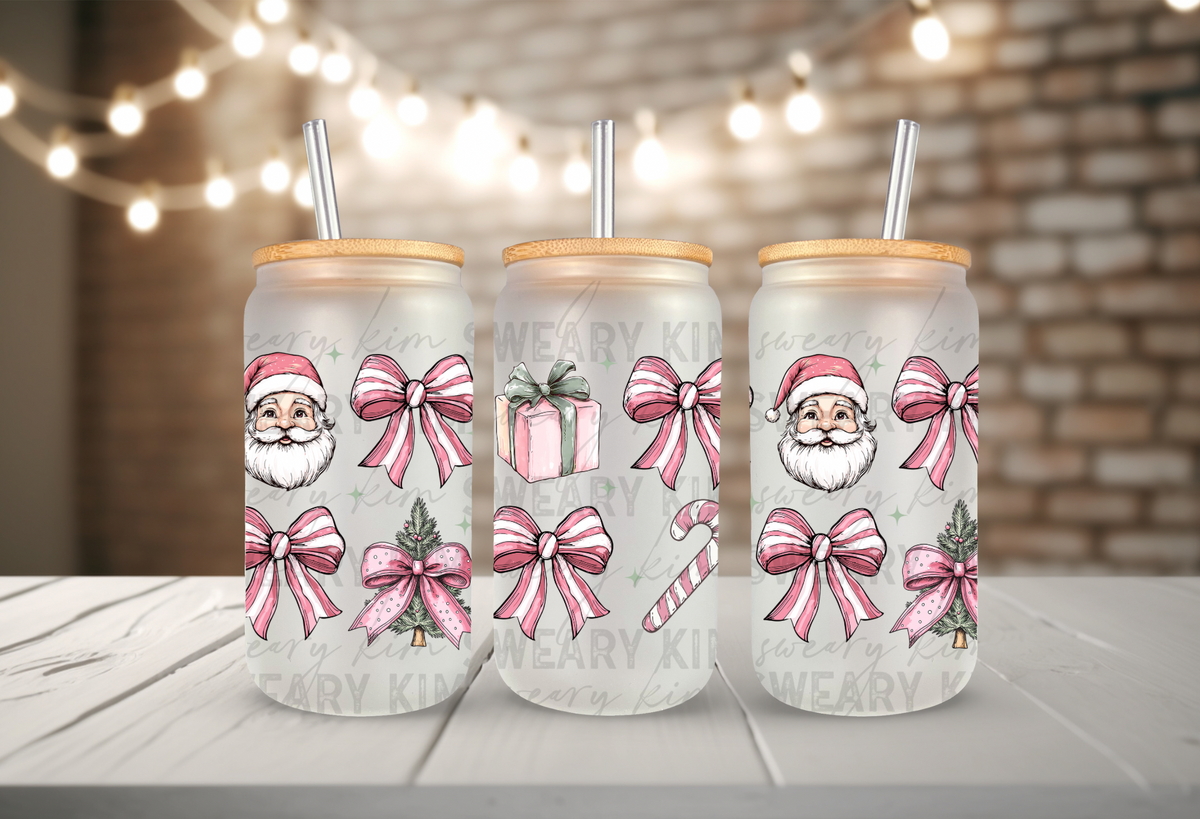 Pink Santa's, Bows, & Trees UV Dtf 16oz glass can wrap