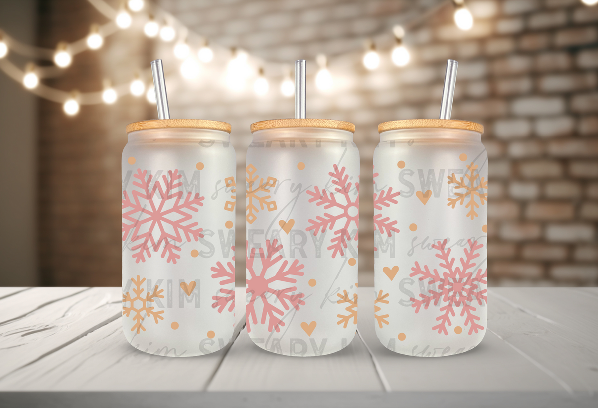 Pink & Tan Snowflakes UV Dtf 16oz glass can wrap