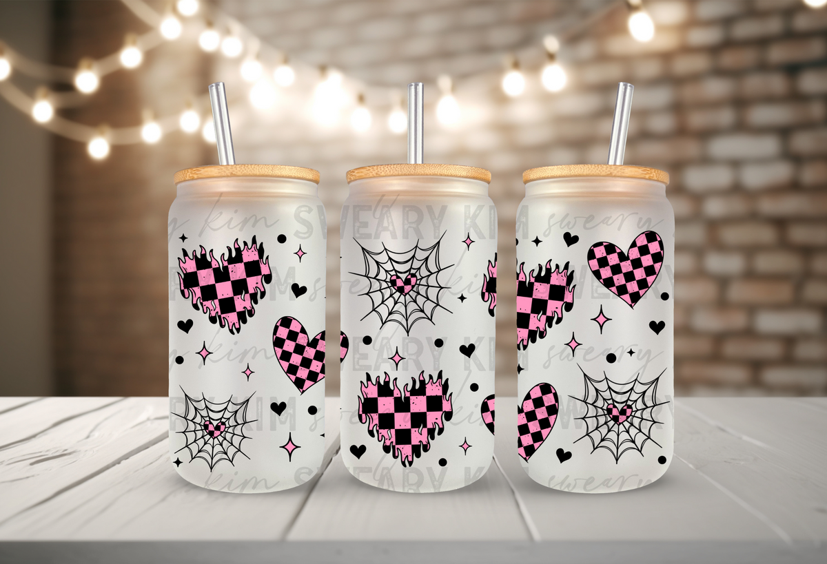 Black Outlined Pink Checkered Hearts UV Dtf 16oz glass can wrap