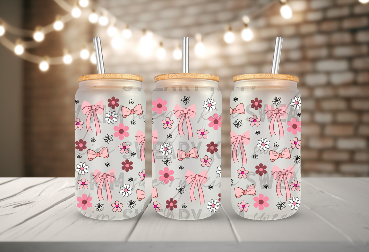 Pink Bows & Flowers UV Dtf 16oz glass can wrap