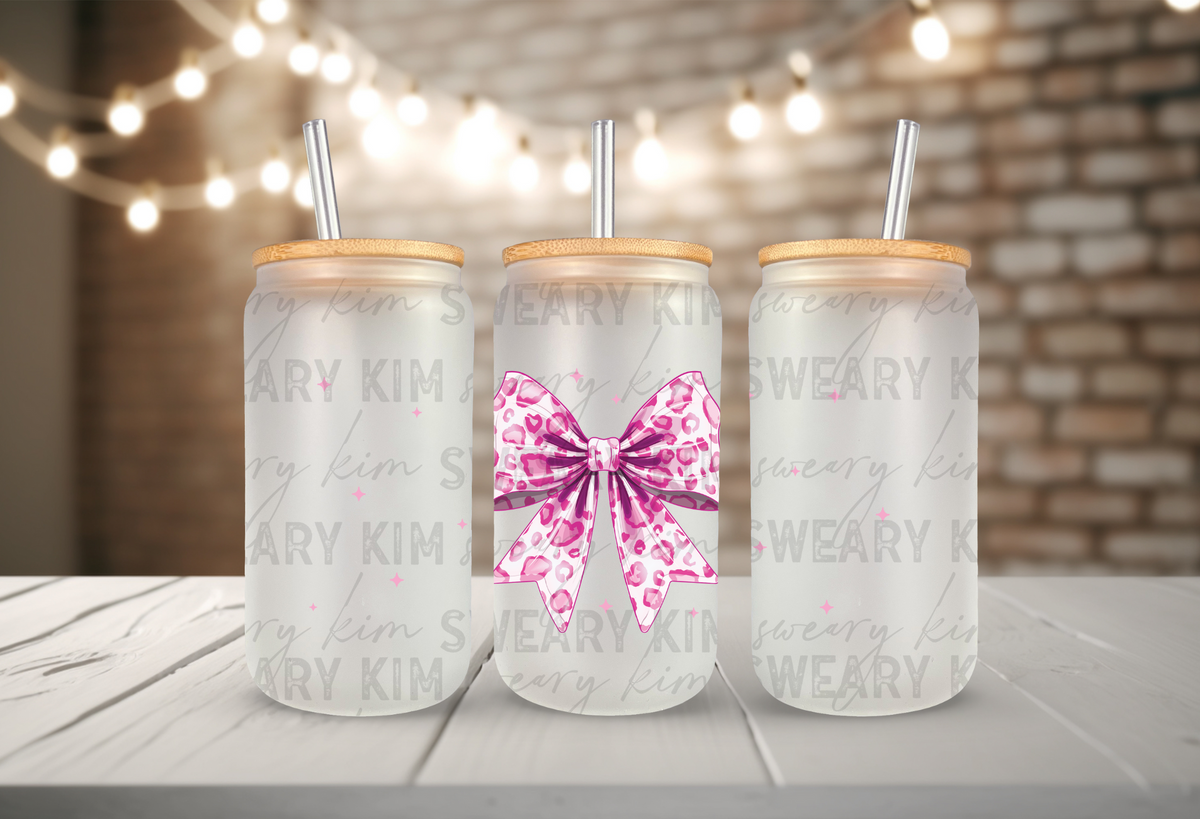 Pink Leopard Bow UV Dtf 16oz glass can wrap