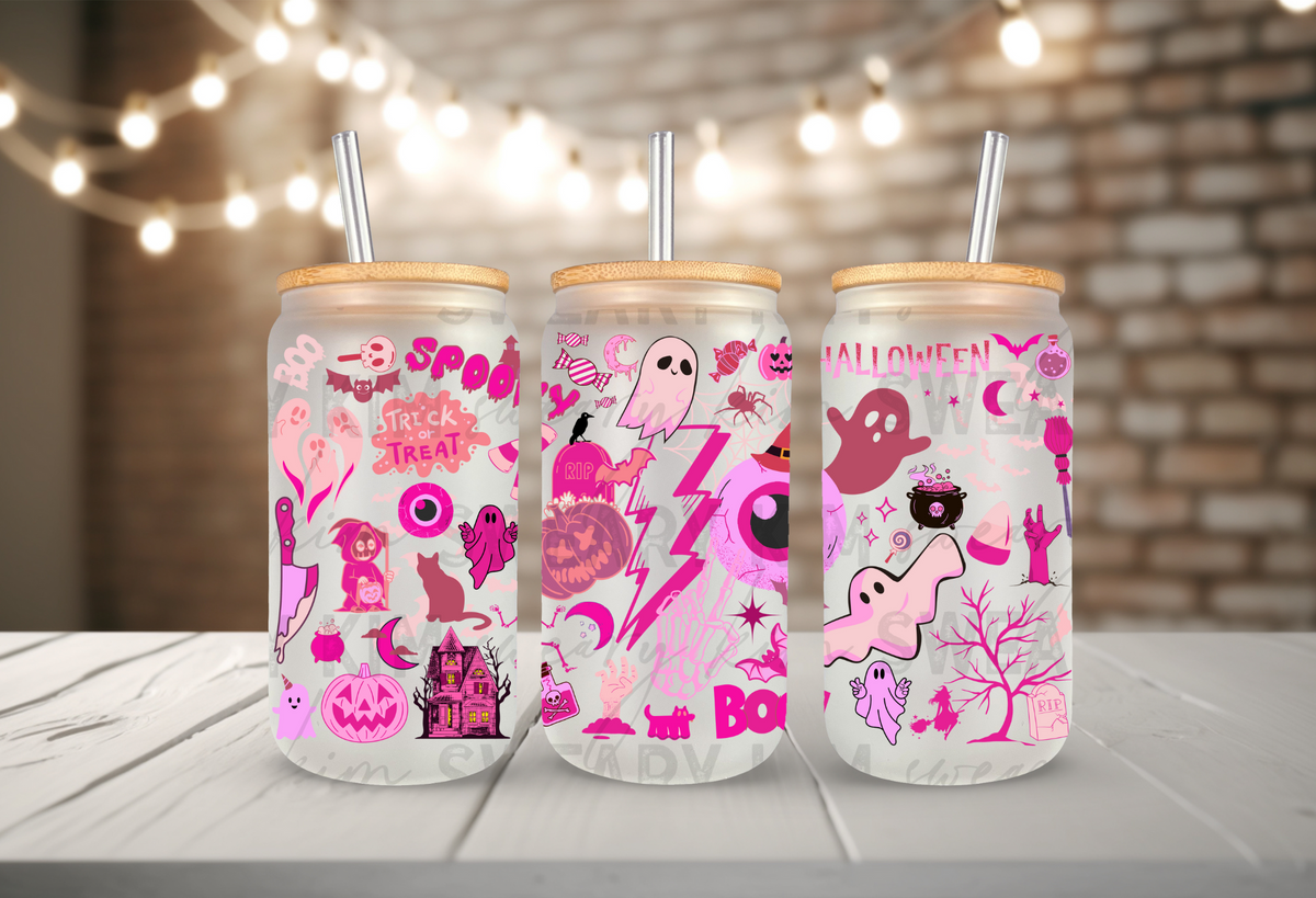 Hot Pink Spooky Art UV Dtf 16oz glass can wrap